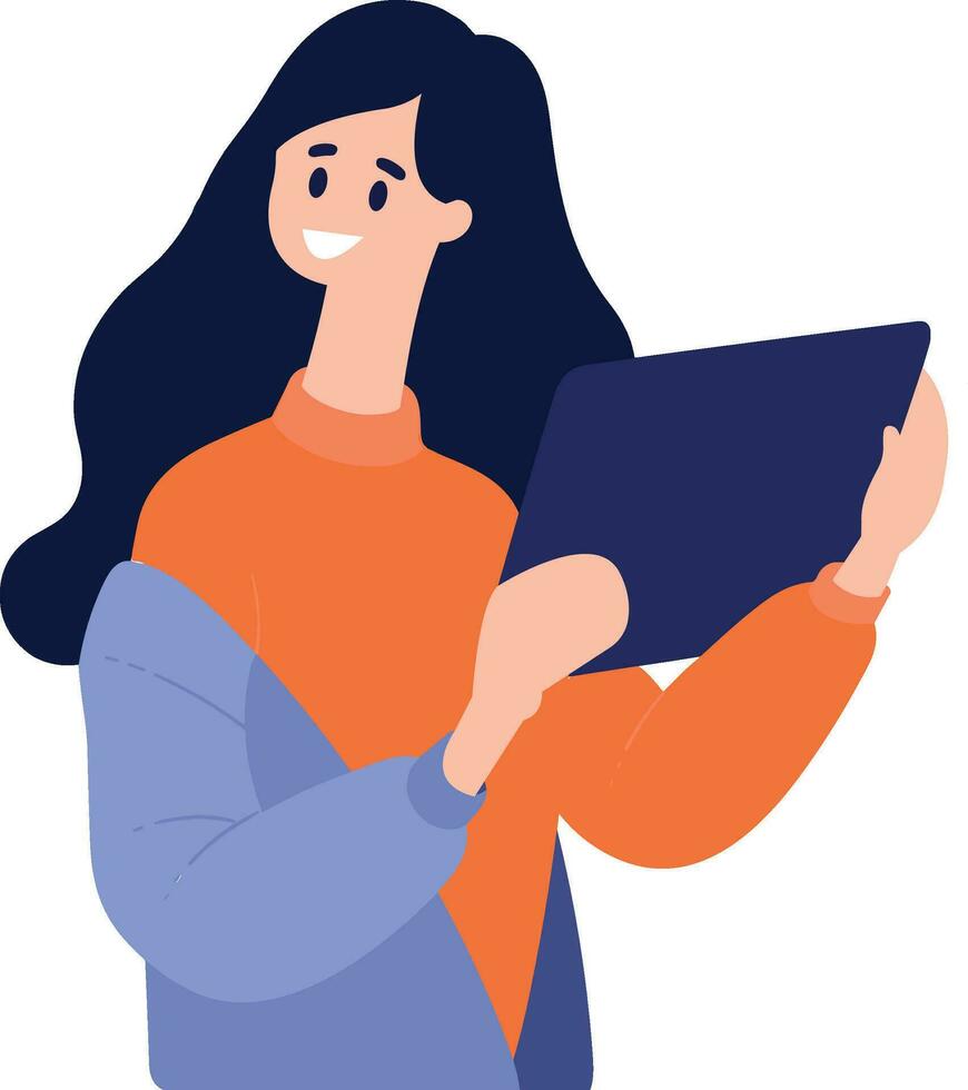 Hand Drawn Female character holding a tablet or smartphone in flat style vector