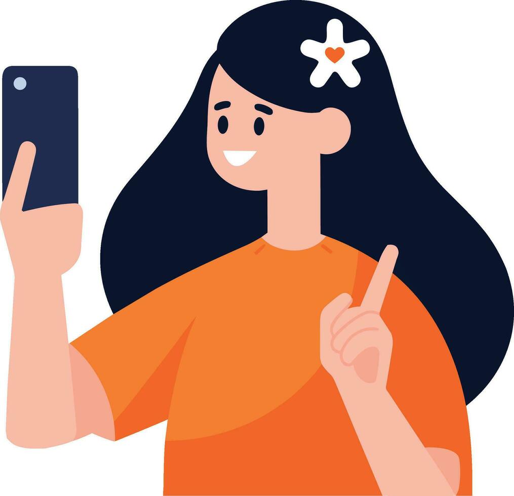 Hand Drawn Female character holding a tablet or smartphone in flat style vector