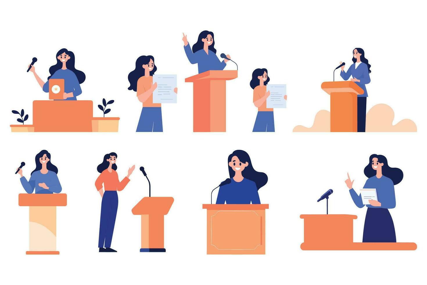 Hand Drawn Business woman speaking on the podium in flat style vector