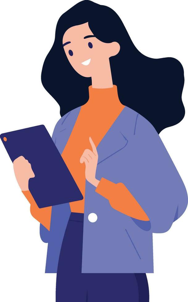 Hand Drawn Female character holding a tablet or smartphone in flat style vector