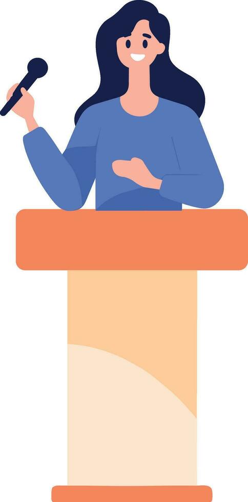 Hand Drawn Business woman speaking on the podium in flat style vector