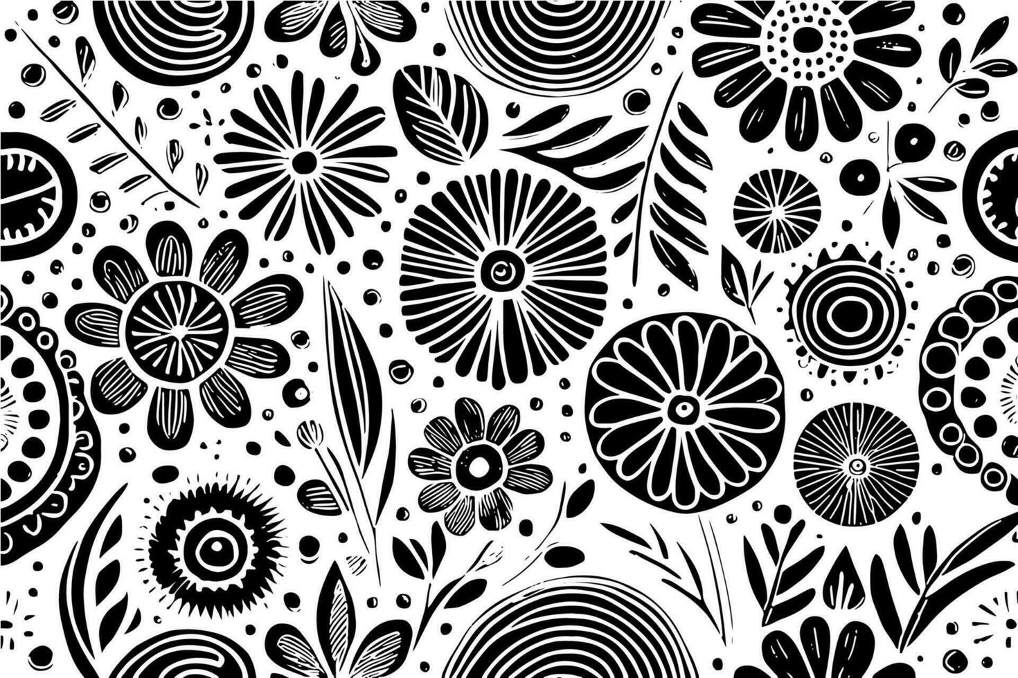 Abstract Black And White Monochromatic Hand-drawn Flowers Texture Pattern Doodle Vector Illustration