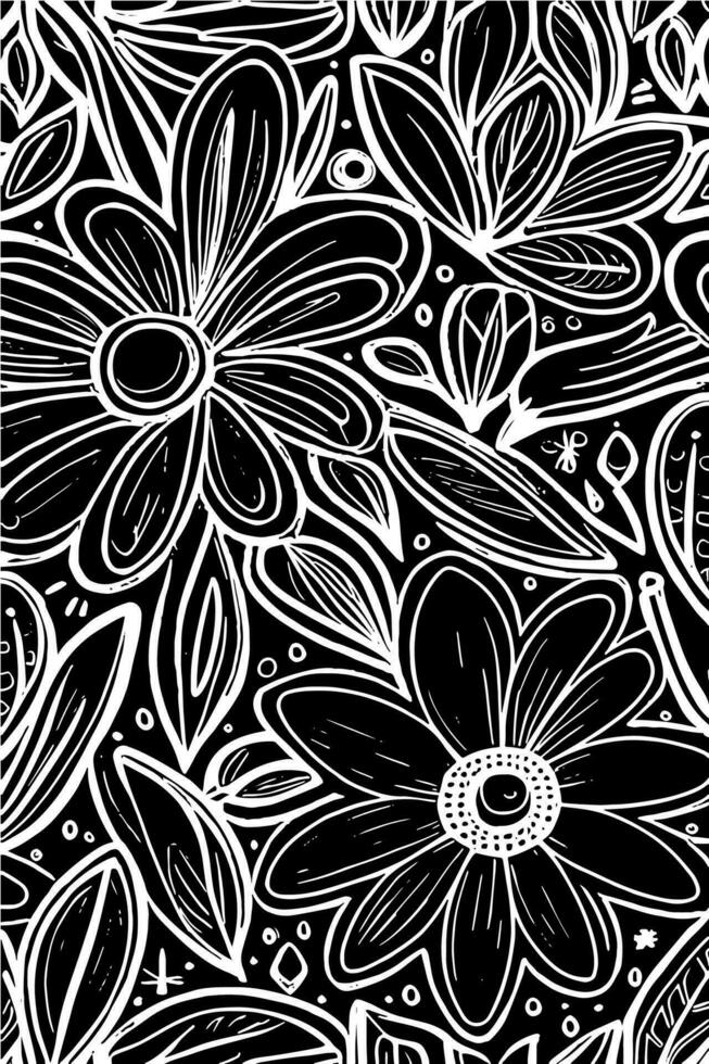 Abstract Black And White Monochromatic Hand-drawn Flowers Texture Pattern Doodle Vector Illustration
