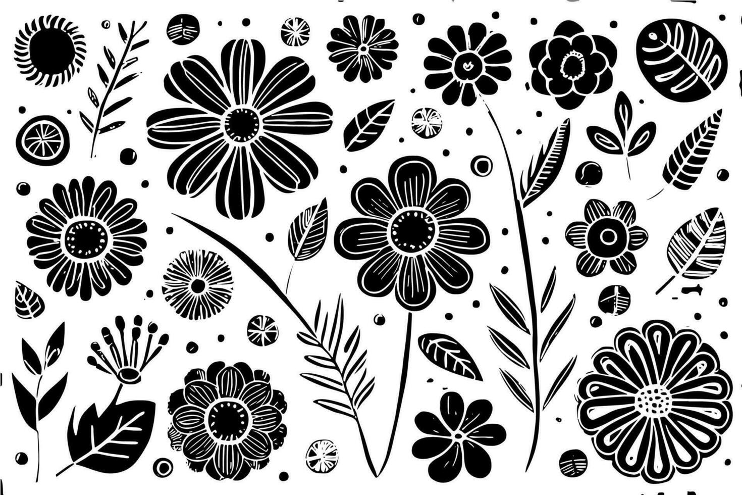 Abstract Black And White Monochromatic Hand-drawn Flowers Texture Pattern Doodle Vector Illustration