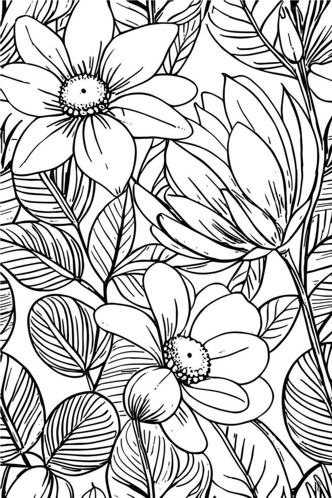 Abstract Black And White Monochromatic Hand-drawn Flowers Texture Pattern Doodle Vector Illustration