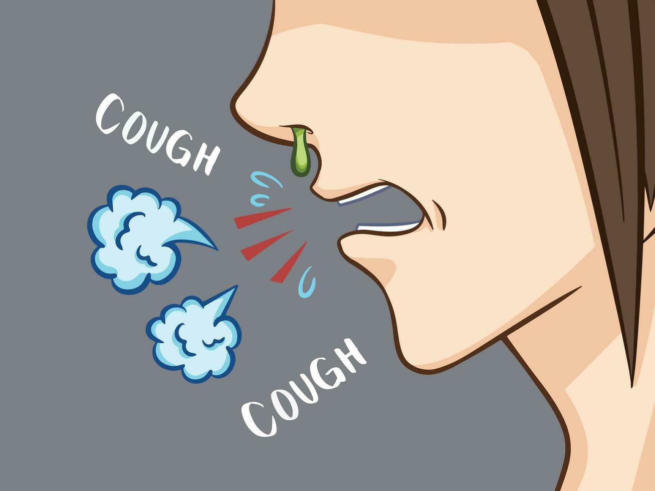 Colored coughing and flu runny nose because of air pollutions. Human face from side view isolated vector illustration on landscape horizontal dark gray template. Simple flat art styled drawing.