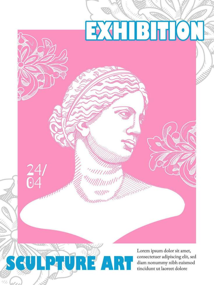 Art posters for the exhibition,  magazine or cover, vector template with sculpture art, Antique statues. Modern ancient Greek or Roman style. Vibrant colours. Pink glamour poster