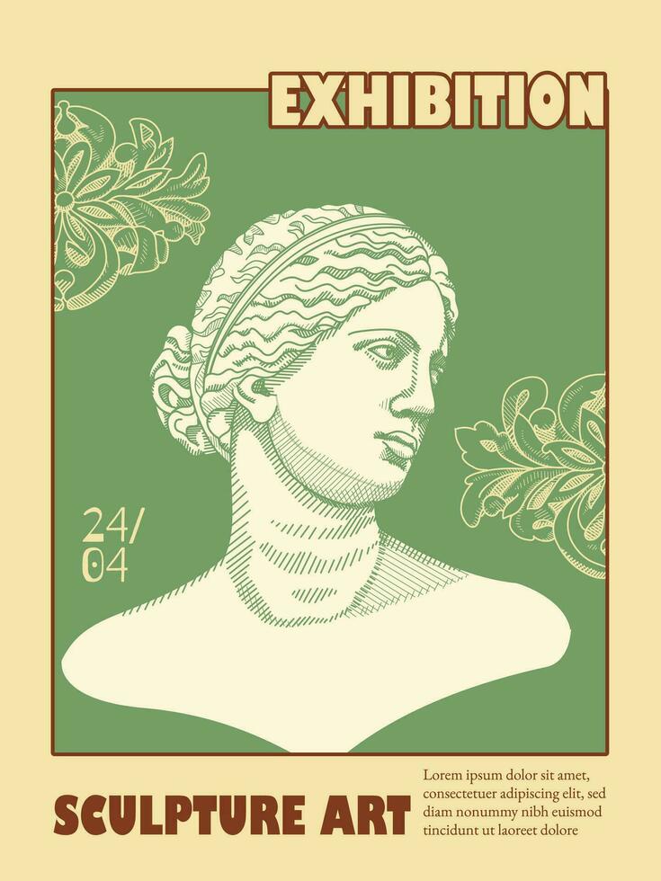 Art posters for the exhibition,  magazine or cover, vector template with sculpture art, Antique statues, gradient background, modern ancient Greek or Roman style. Nostalgia banner