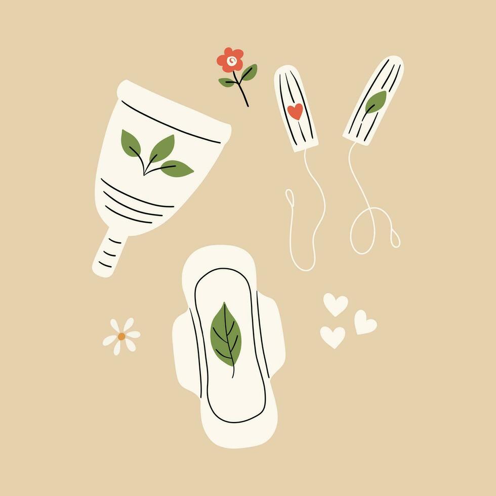 Set with feminine hygiene products. Tampon, pad, menstrual cup. Vector illustration in hand drawn style