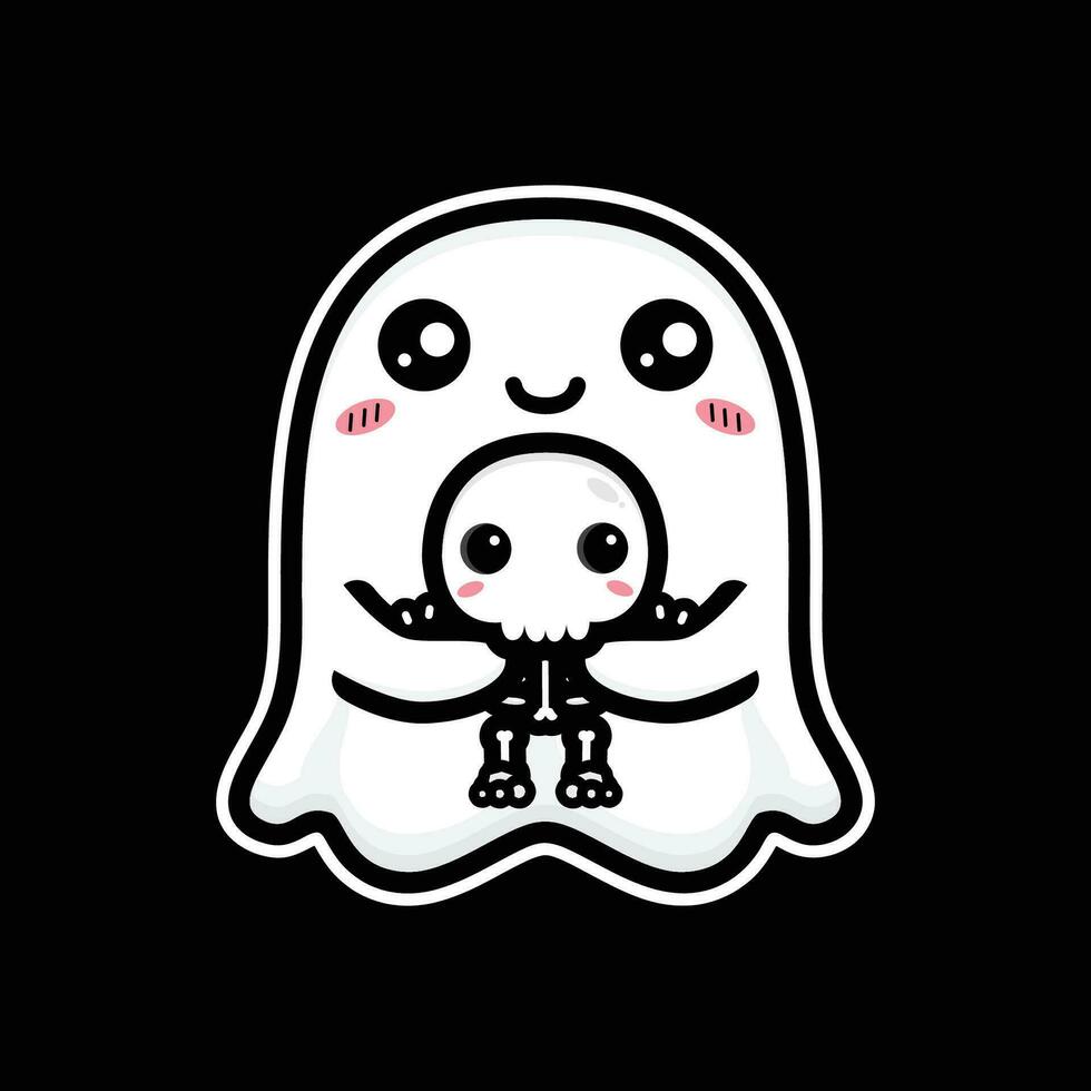 cute ghost hugging cute skull vector