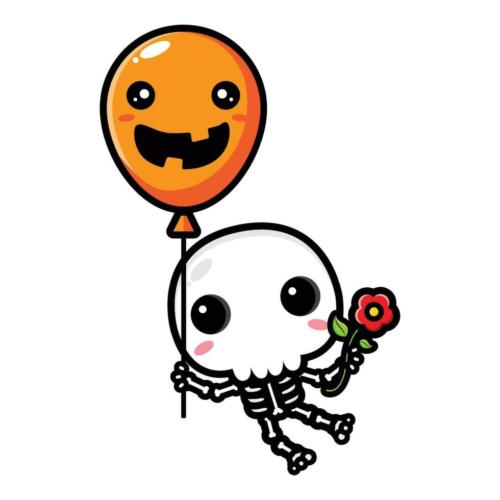 cute flying skull holding balloons and carrying flowers vector