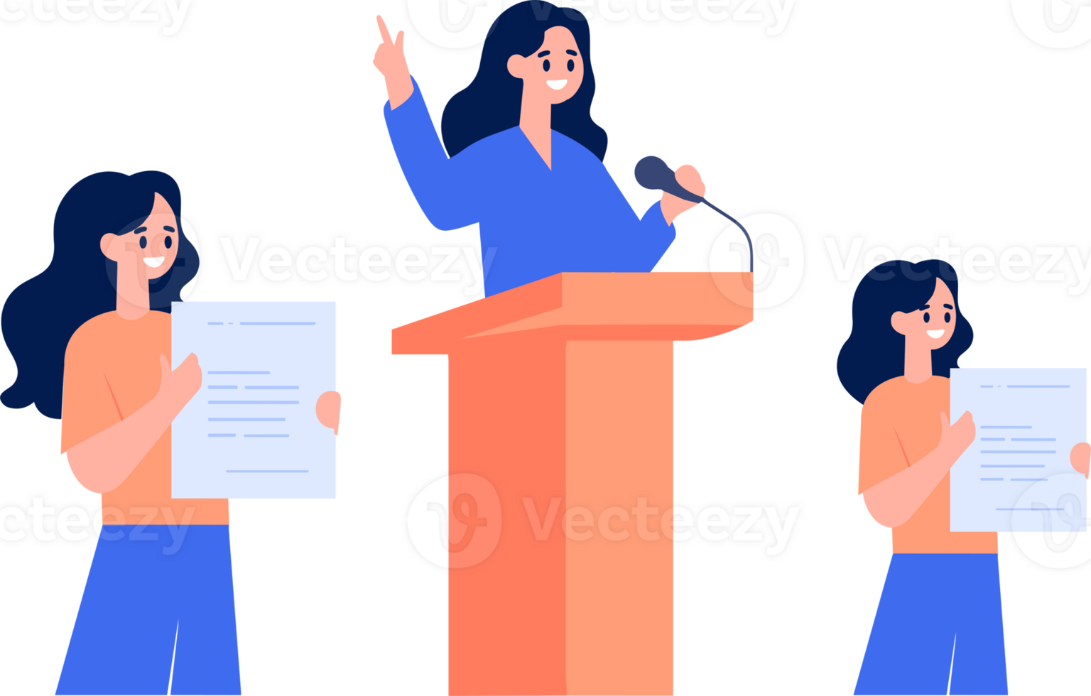 Hand Drawn Business woman speaking on the podium in flat style png