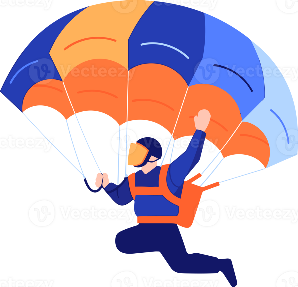 Hand Drawn adventurous traveler parachuting from the sky in flat style png