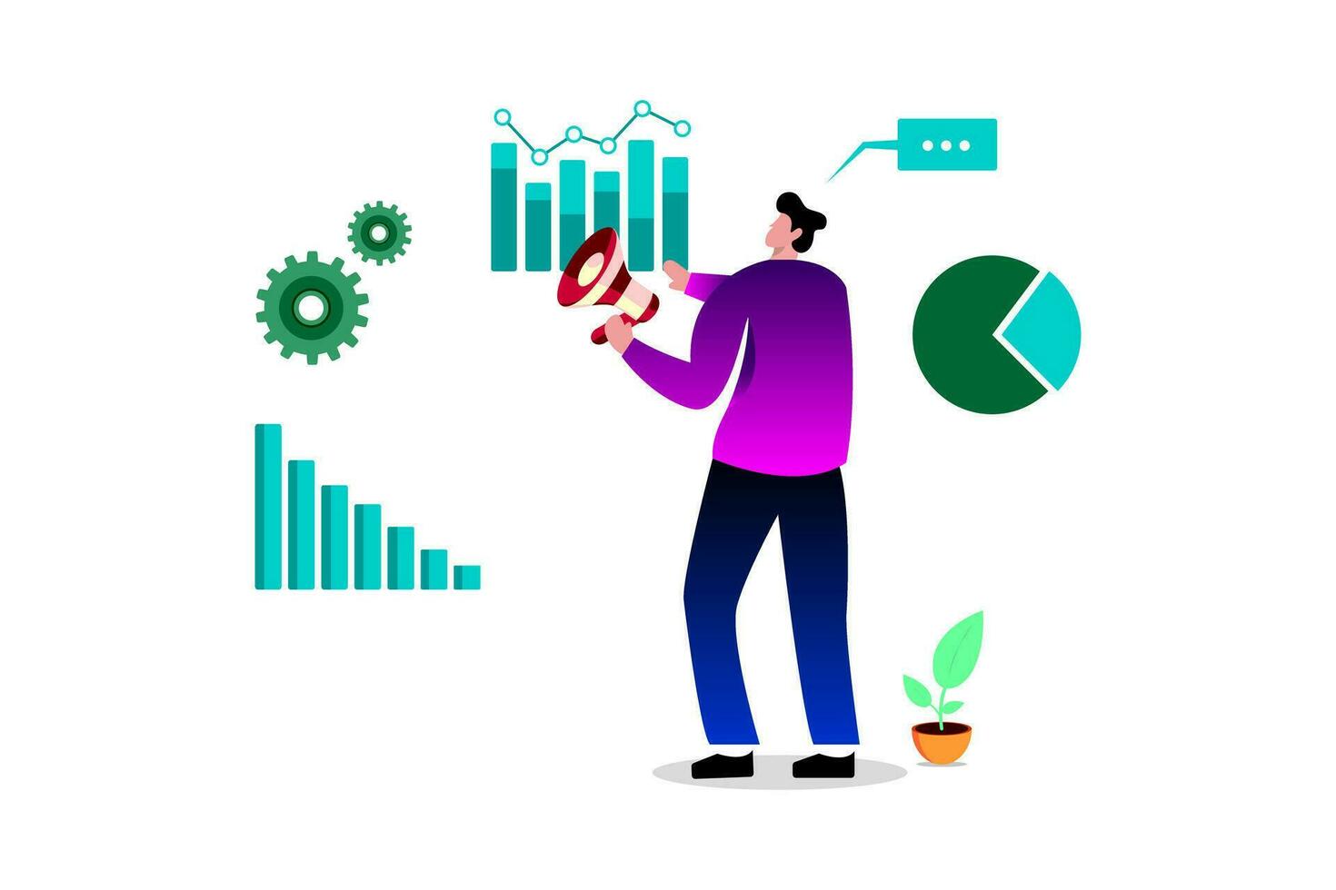 Business data analysis, market research, investment financial reports, Stock market, Business analyst holding a magnifying glass to analyze charts vector