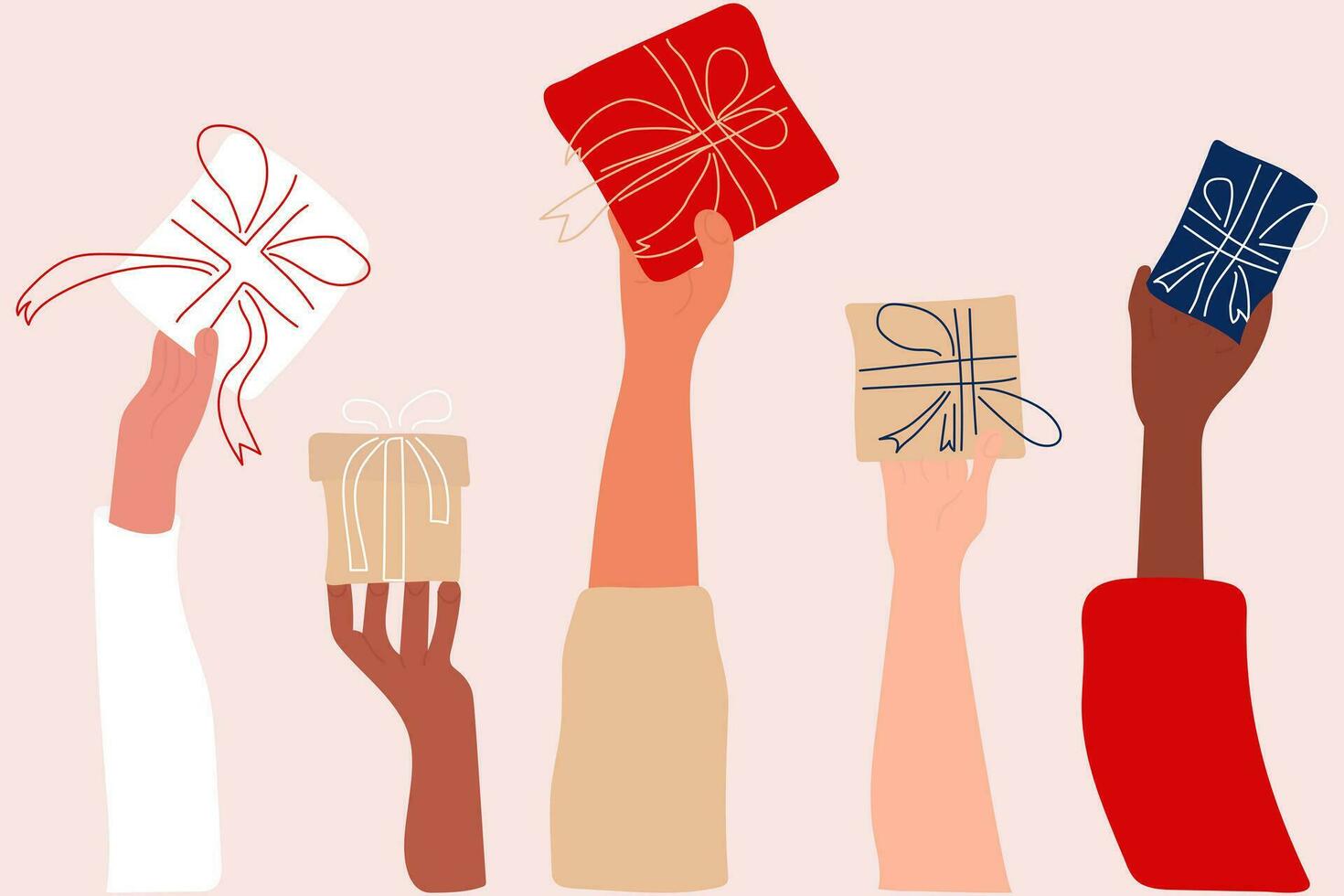 Variety of hands with gifts vector