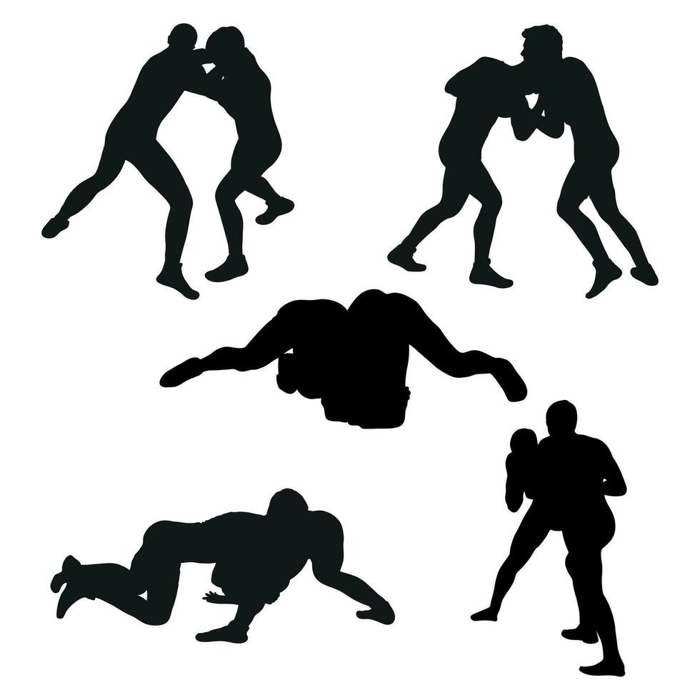 Set of silhouettes people fighting, MMA fighters. Greco Roman wrestling, fight, combating, struggle, grappling, duel, mixed martial art, sportsmanship vector