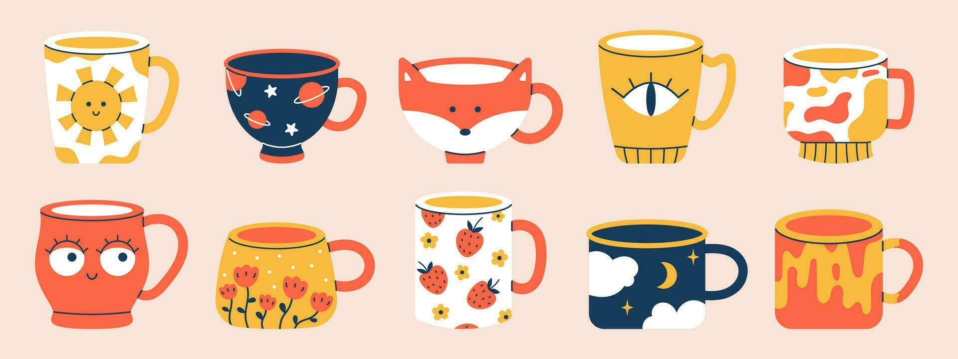 Vector set of different cups of tea or coffee. Trendy ceramic mugs with various ornaments. Collection of modern drink cups. Colorful crockery with flowers, eyes, sun, fox, night and space.