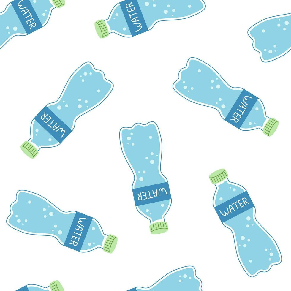 Vector water seamless pattern with plastic water bottles. Trendy print with bottle of water on white background. Wrapping pattern design.