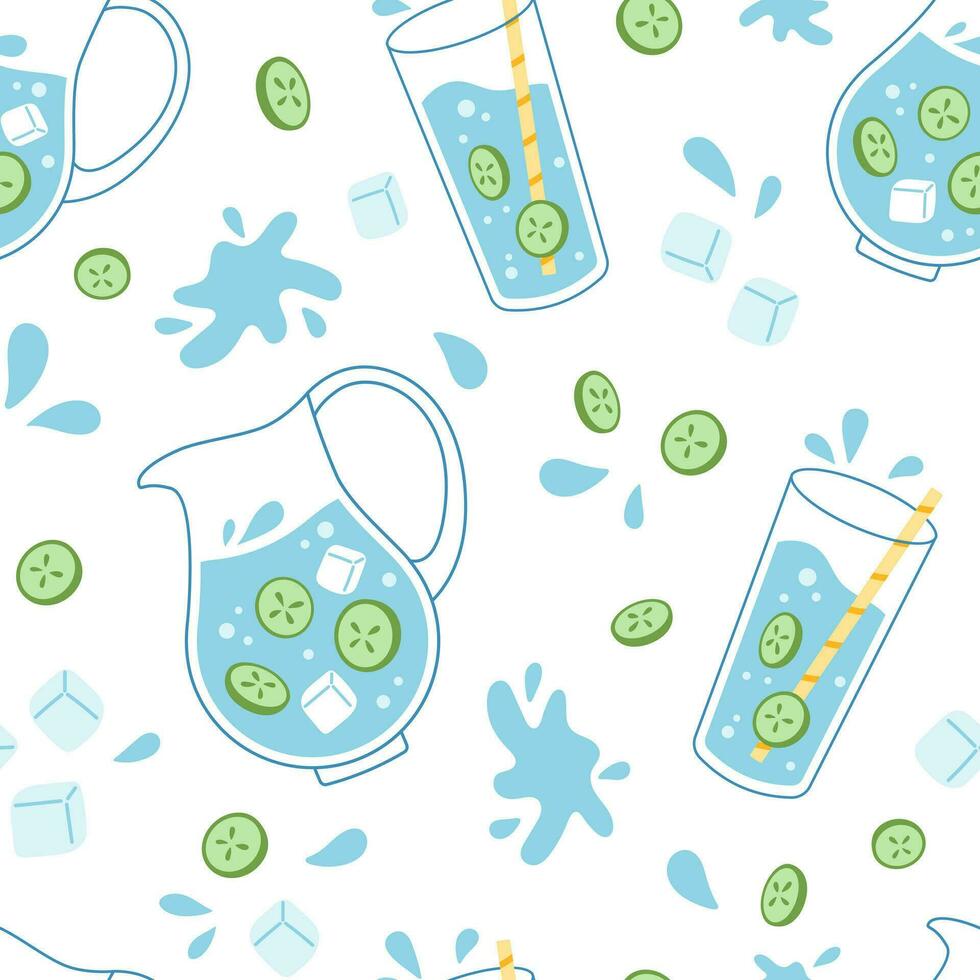 Vector seamless pattern with glass and jug of water. Water with cucumber slice, ice and water splashes on white background.