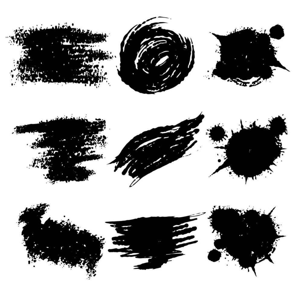 Black splash collection. Ink stain. Spray paint the shape with stain. Set of spray paint elements. black ink splash lines and drops. Paint brush, stroke vector set. Spray paint the shape with stain.