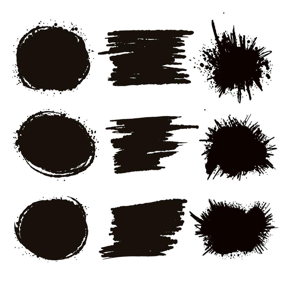 Black splash collection. Ink stain. Spray paint the shape with stain. Set of spray paint elements. black ink splash lines and drops. Paint brush, stroke vector set. Spray paint the shape with stain.