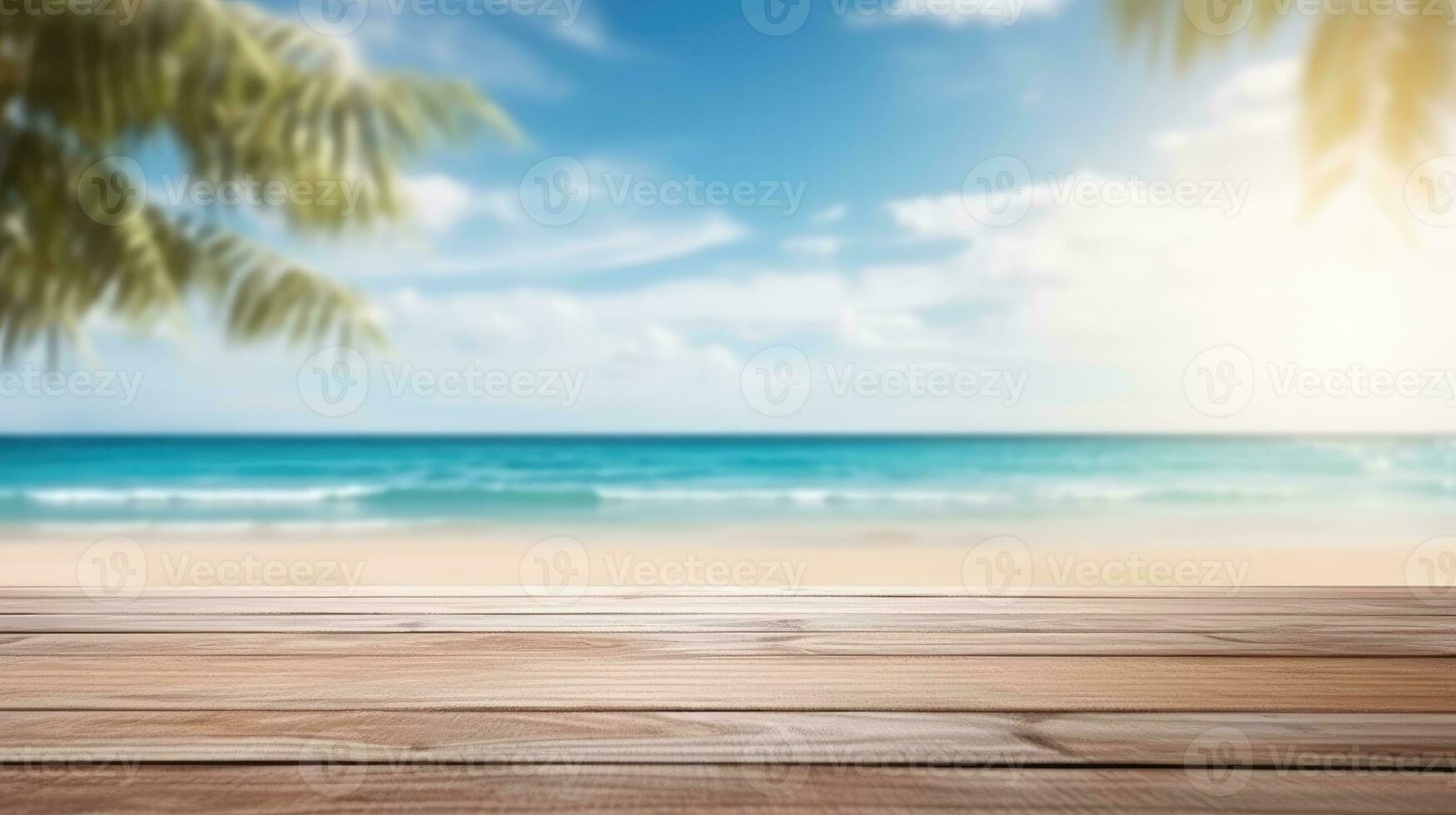 wooden table set against a backdrop of the sea, an island, and a vibrant blue sky. photo