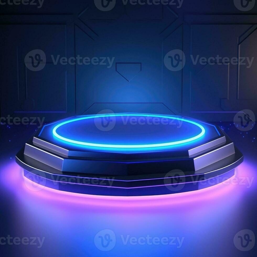 Futuristic pedestal for display. Blank glow lights podium for products photo