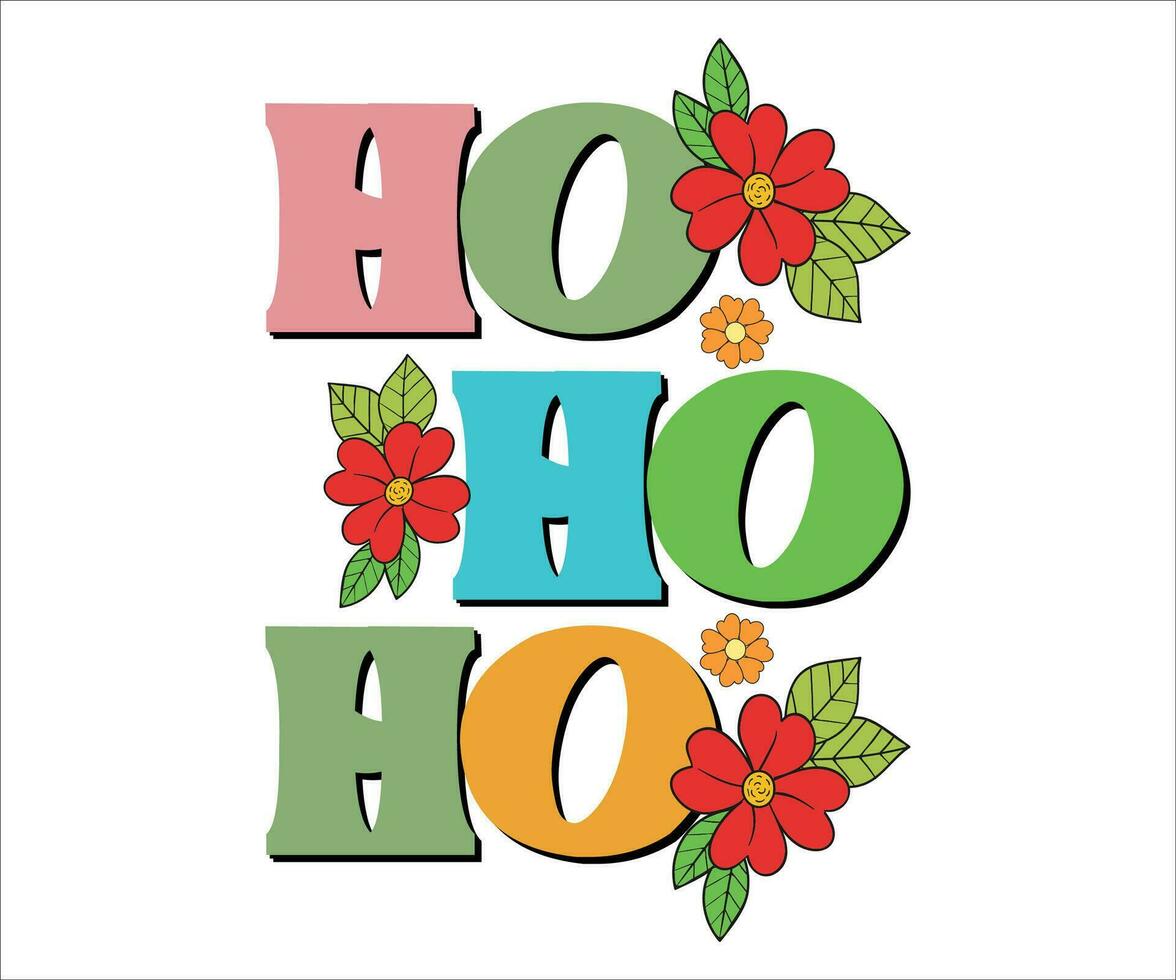 Ho ho ho and Merry Christmas groovy posters in trendy hippie retro 1970s style. Santa Claus messages. vector