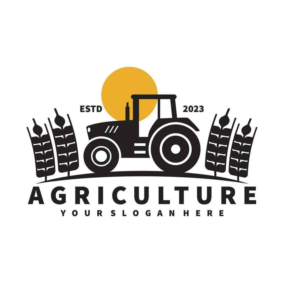 tractor logo for agriculture, agronomy, wheat farming, rural farming fields, natural harvest. farm tractor vector design