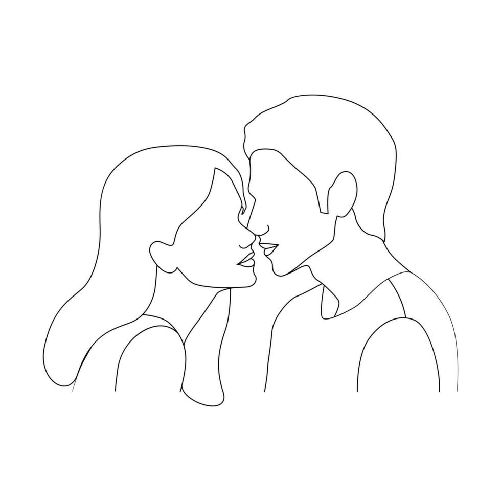 Single line young couple is kissing out line vector art illustration