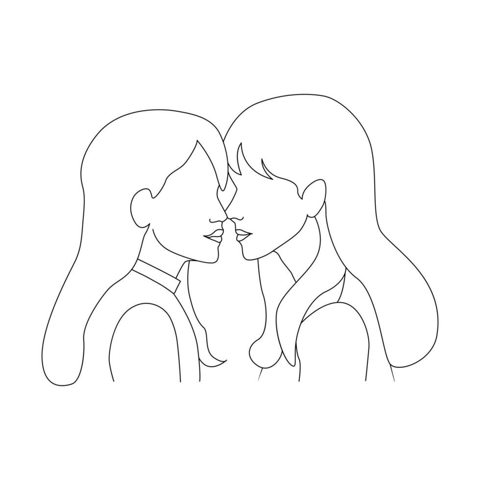 Single line young couple is kissing out line vector art illustration