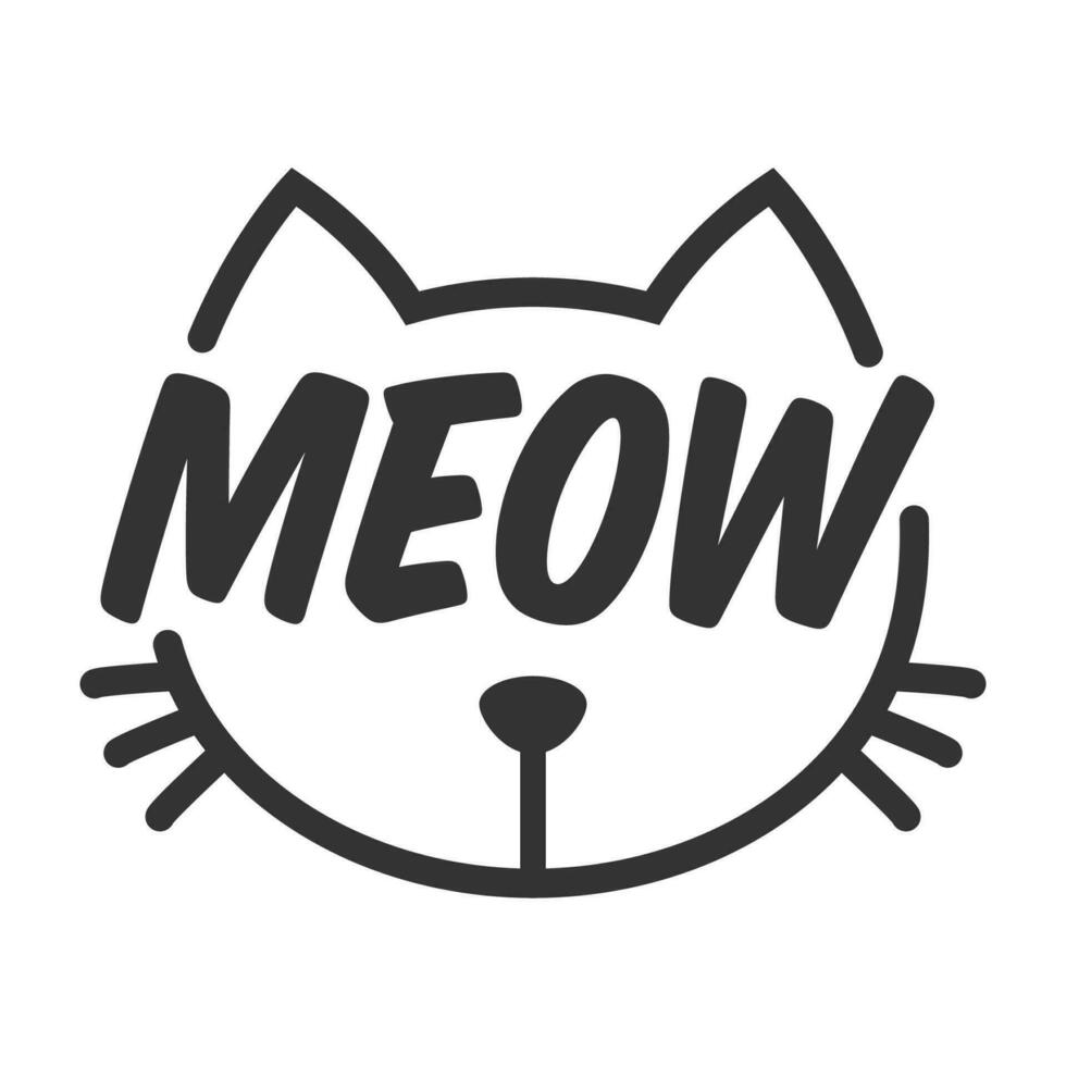 Meow lettering inside cat head pictogram, with ears and whiskers. Cute design for feline lovers and cat moms. vector