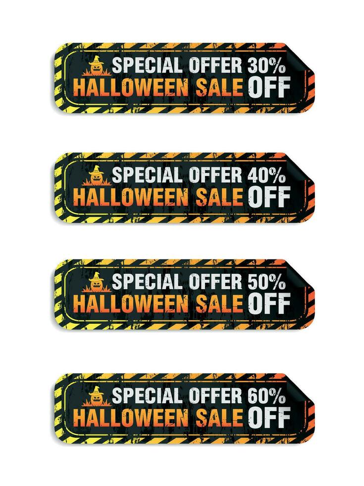 Halloween black long stickers set. Sale 30, 40, 50, 60 off discount vector