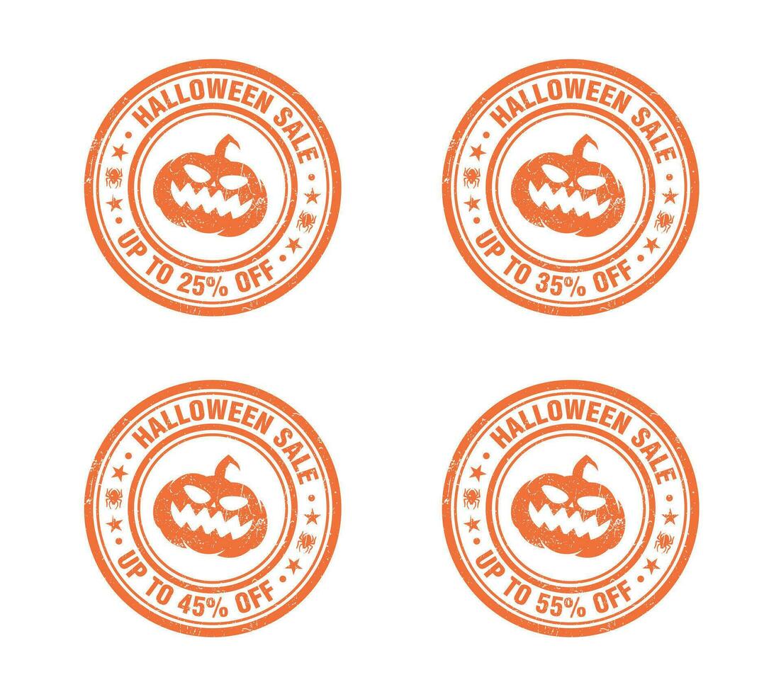 Halloween sale orange grunge stamp set. Sale 25, 35, 45, 55 percent off.eps vector