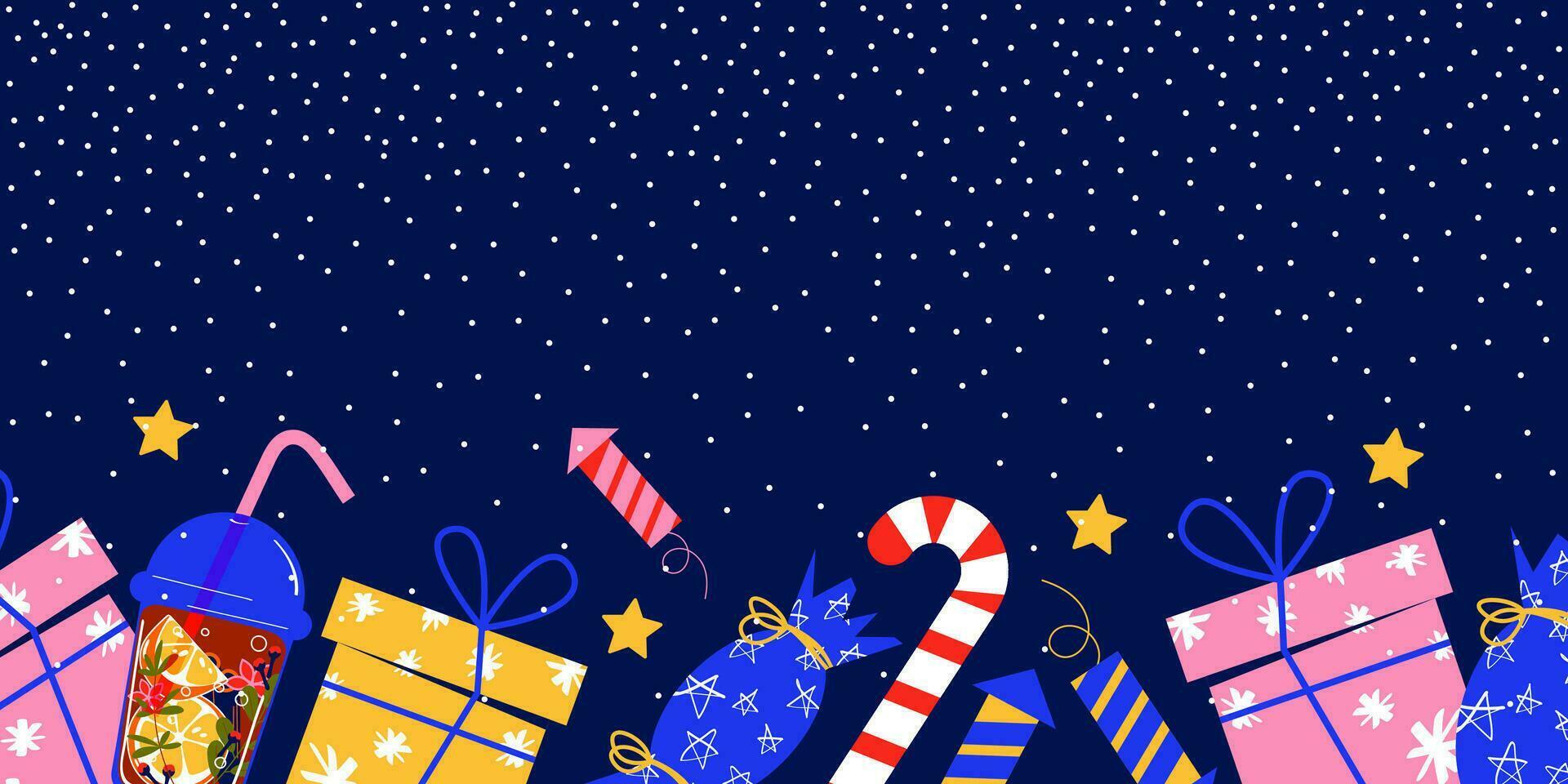 Christmas background with gifts and snow on a blue background. Vector illustration of New Year elements in flat style.