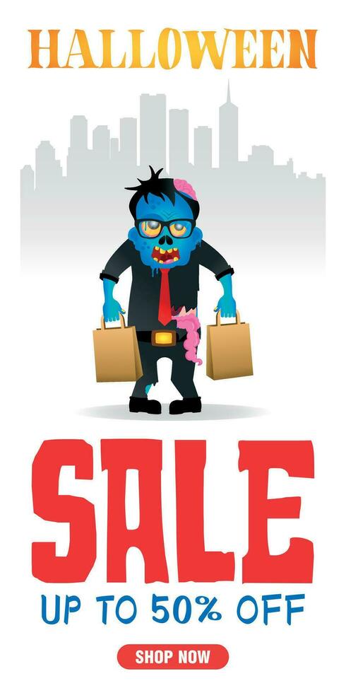 Halloween sale white poster, banner with funny zombie office worker. Sale up to 50 off. Sale Halloween graphic design vector