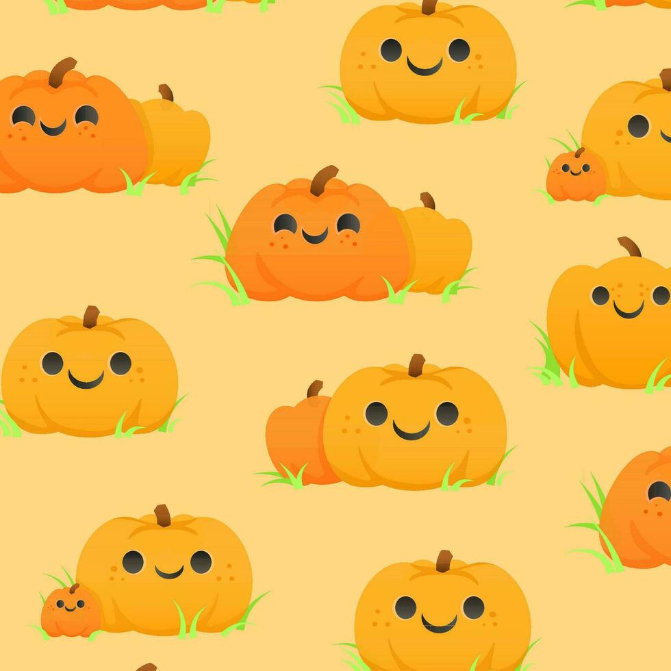 Orange Halloween seamless pattern with cute smiling pumpkins vector
