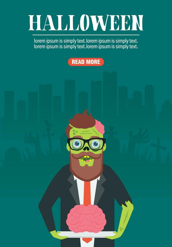 Halloween concept design flat banner with zombie vector