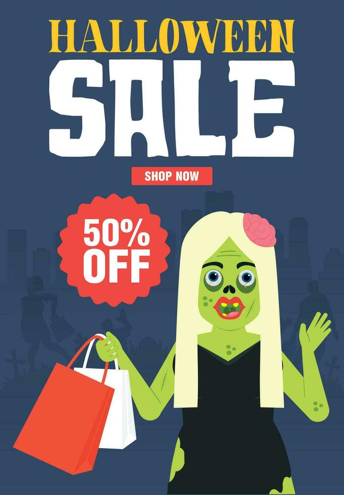 Halloween Sale 50 off concept flat design with zombie girl vector