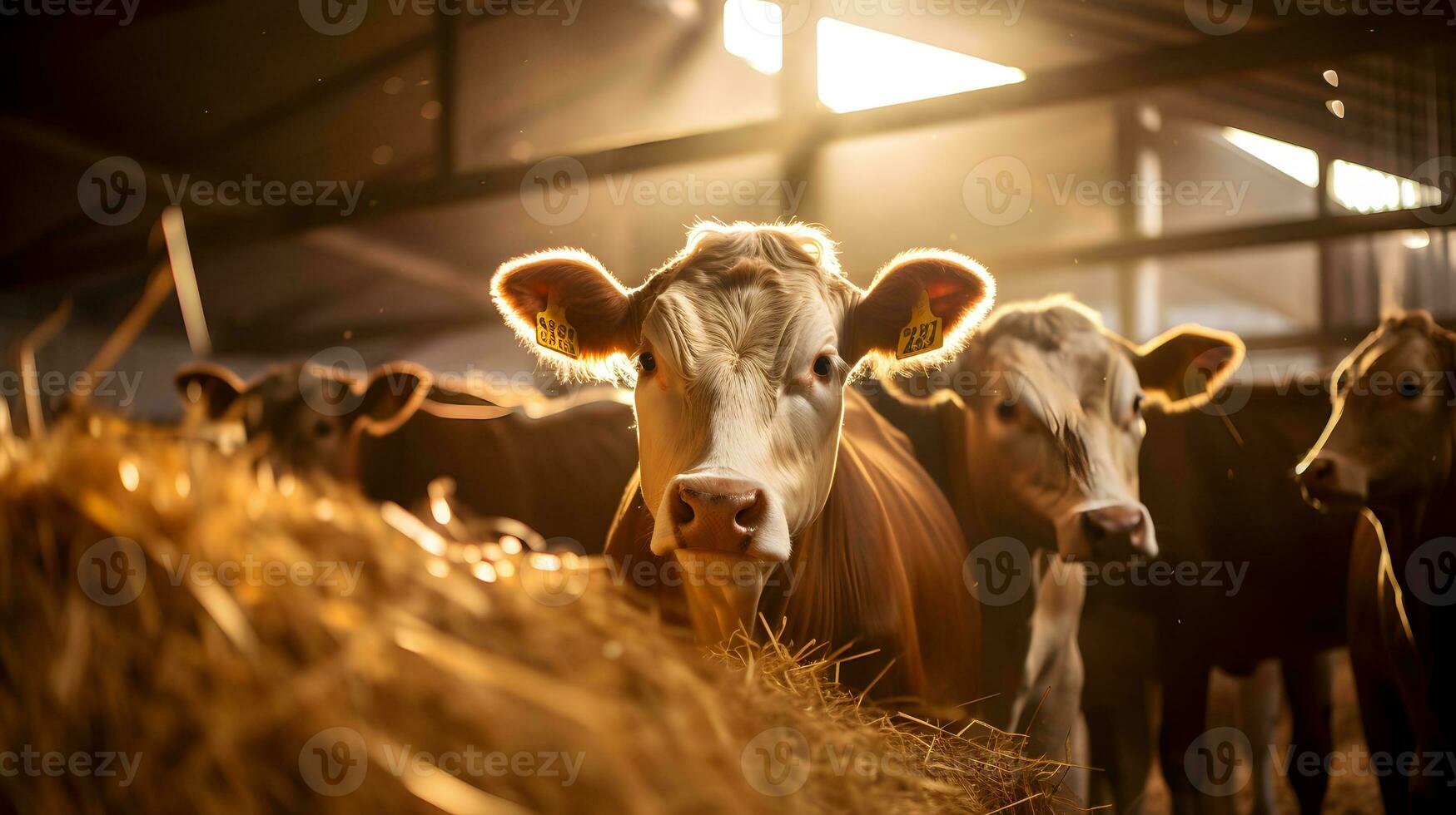 Cows in a stable at sunset photo