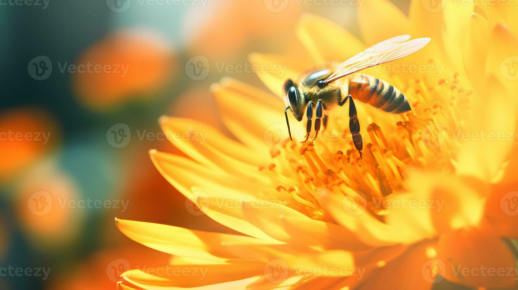 Bee on yellow flower. Selective focus with shallow depth of field photo