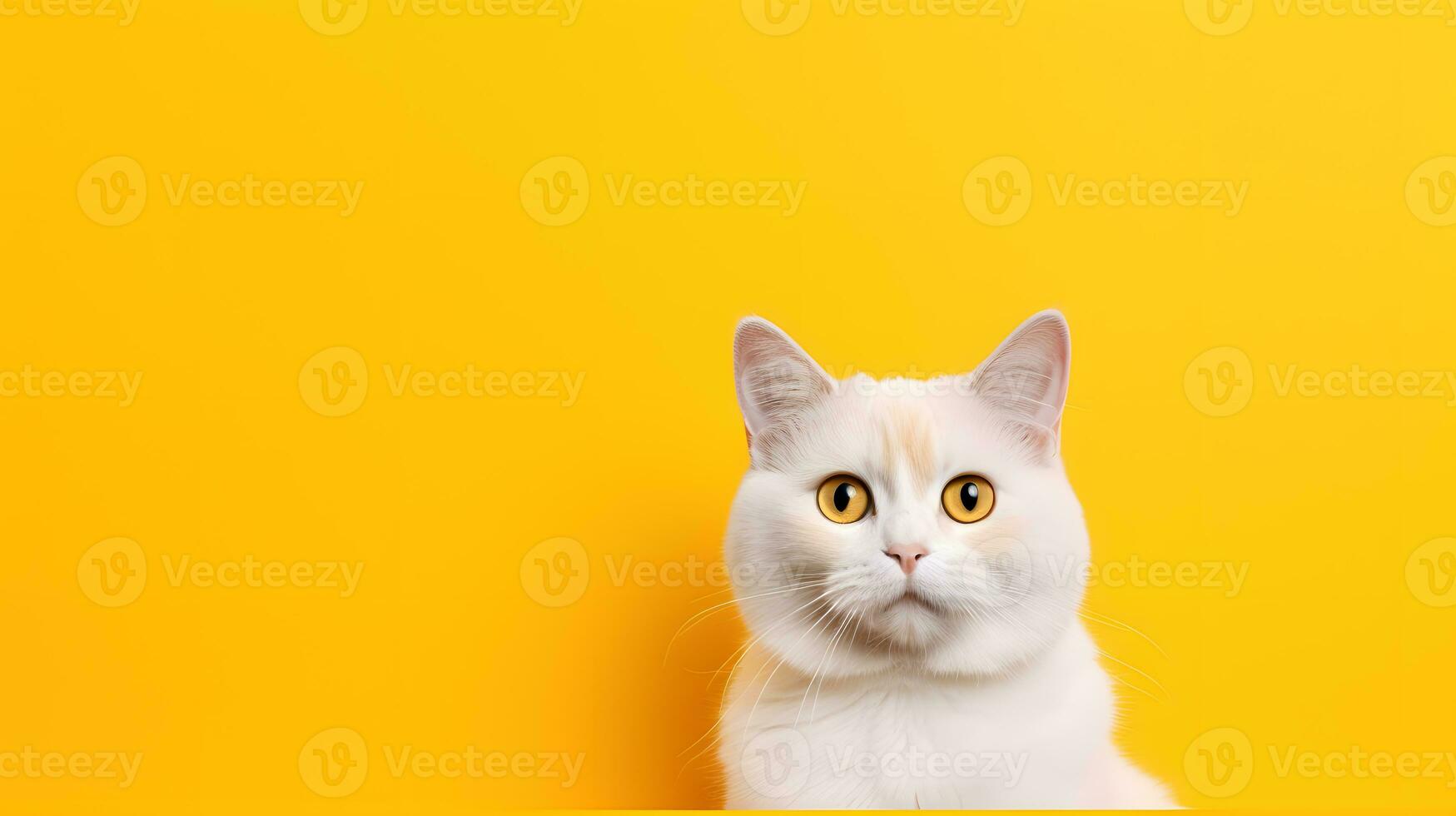 Portrait of a white cat with yellow eyes on a yellow background photo
