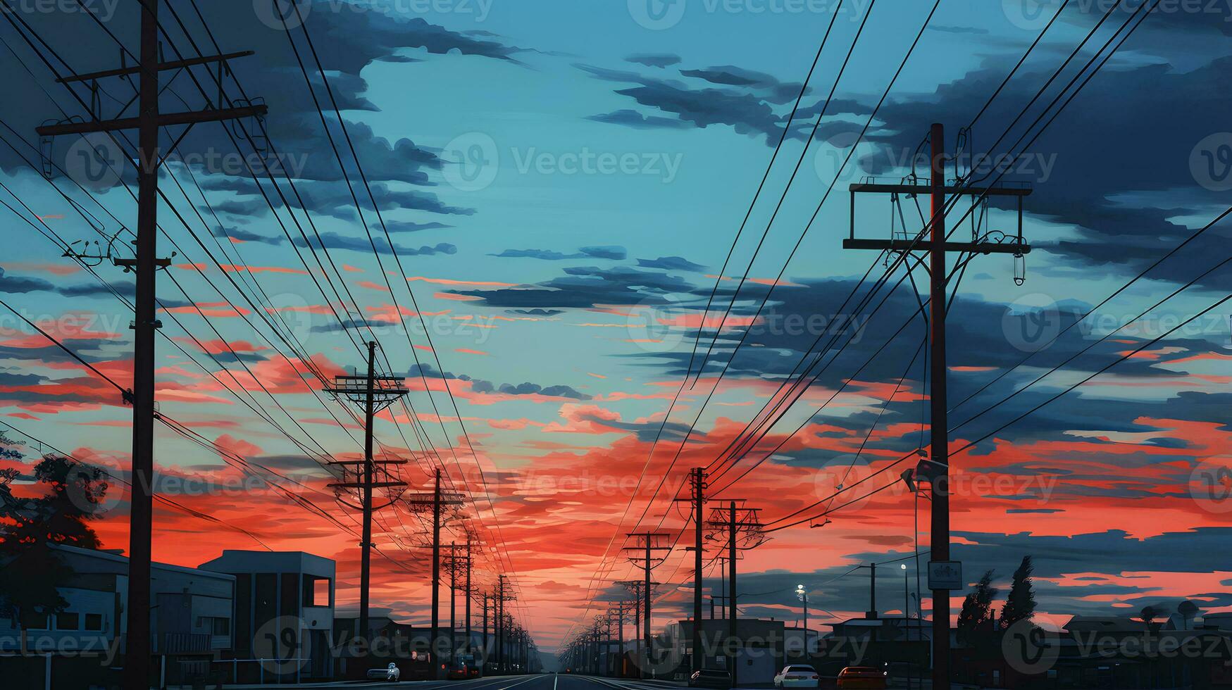 Electricity pylons and power lines at sunset photo