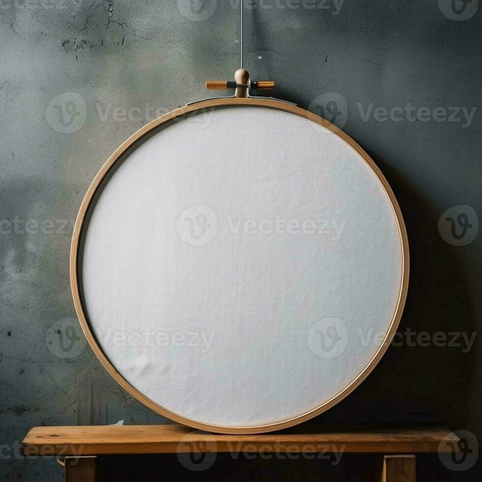 Empty white canvas on wooden hoop, created with generative AI photo