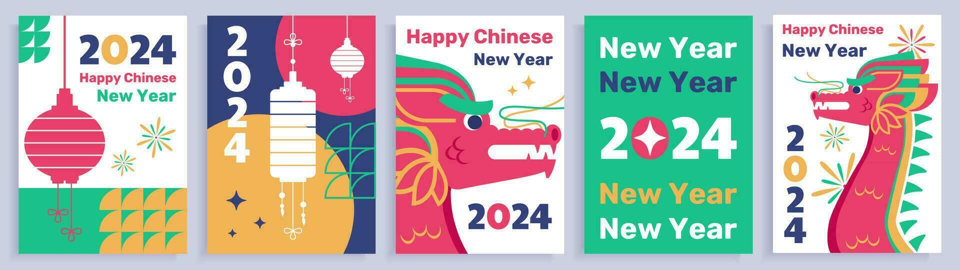 Set of five Chinese New Year posters, greetings with 2024 New Year, flat style posters with dragons and oriental Asian decorations, vector