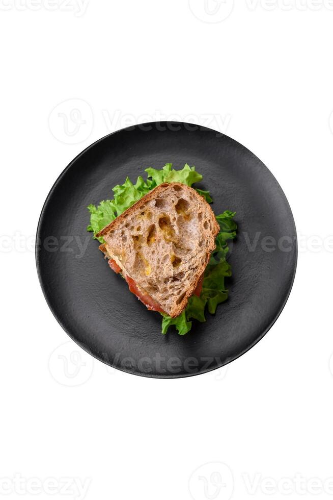 Delicious sandwich with crispy toast, chicken, tomatoes and lettuce photo