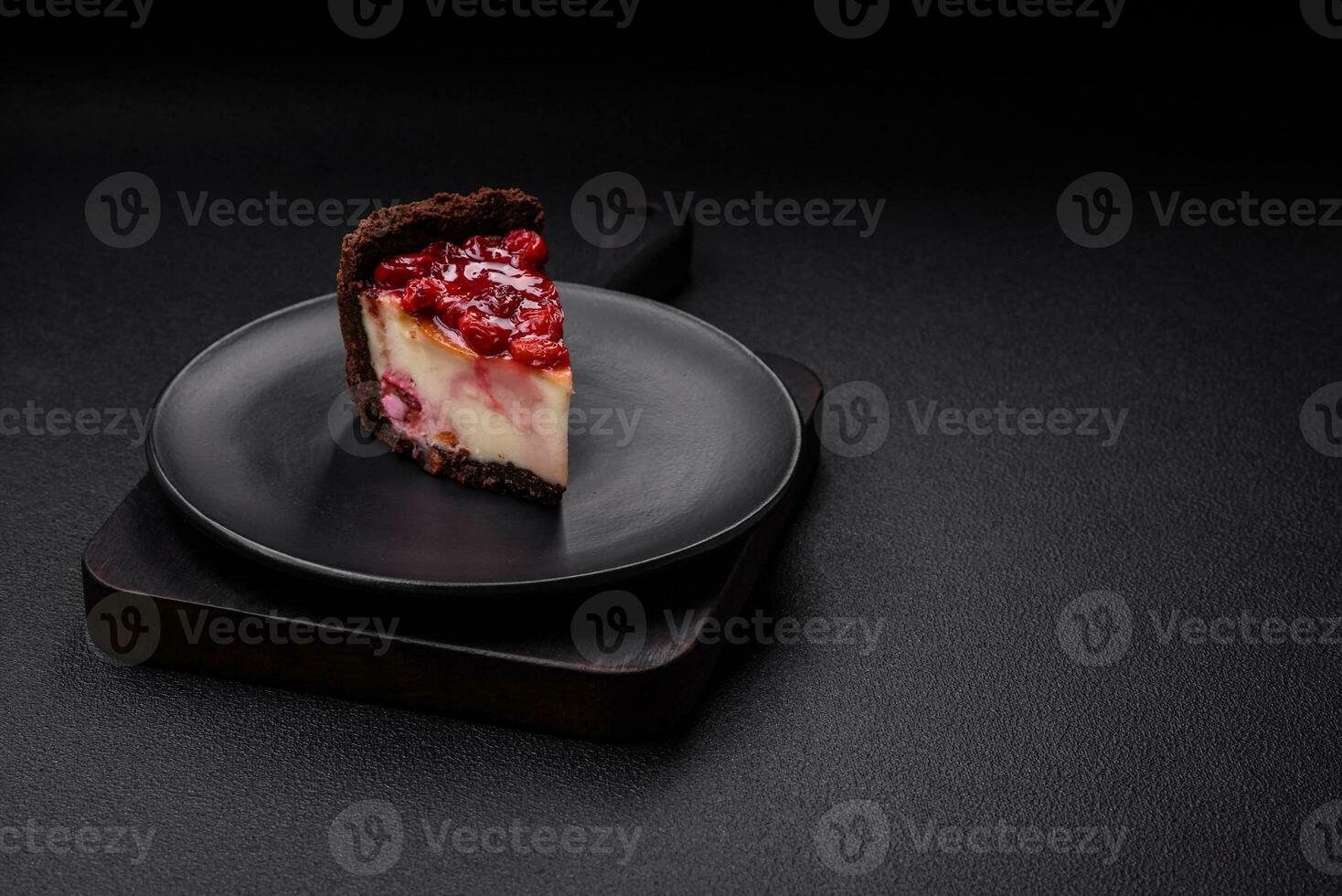 Delicious sweet cheesecake cake with mascarpone cheese, cherry berries and jam photo