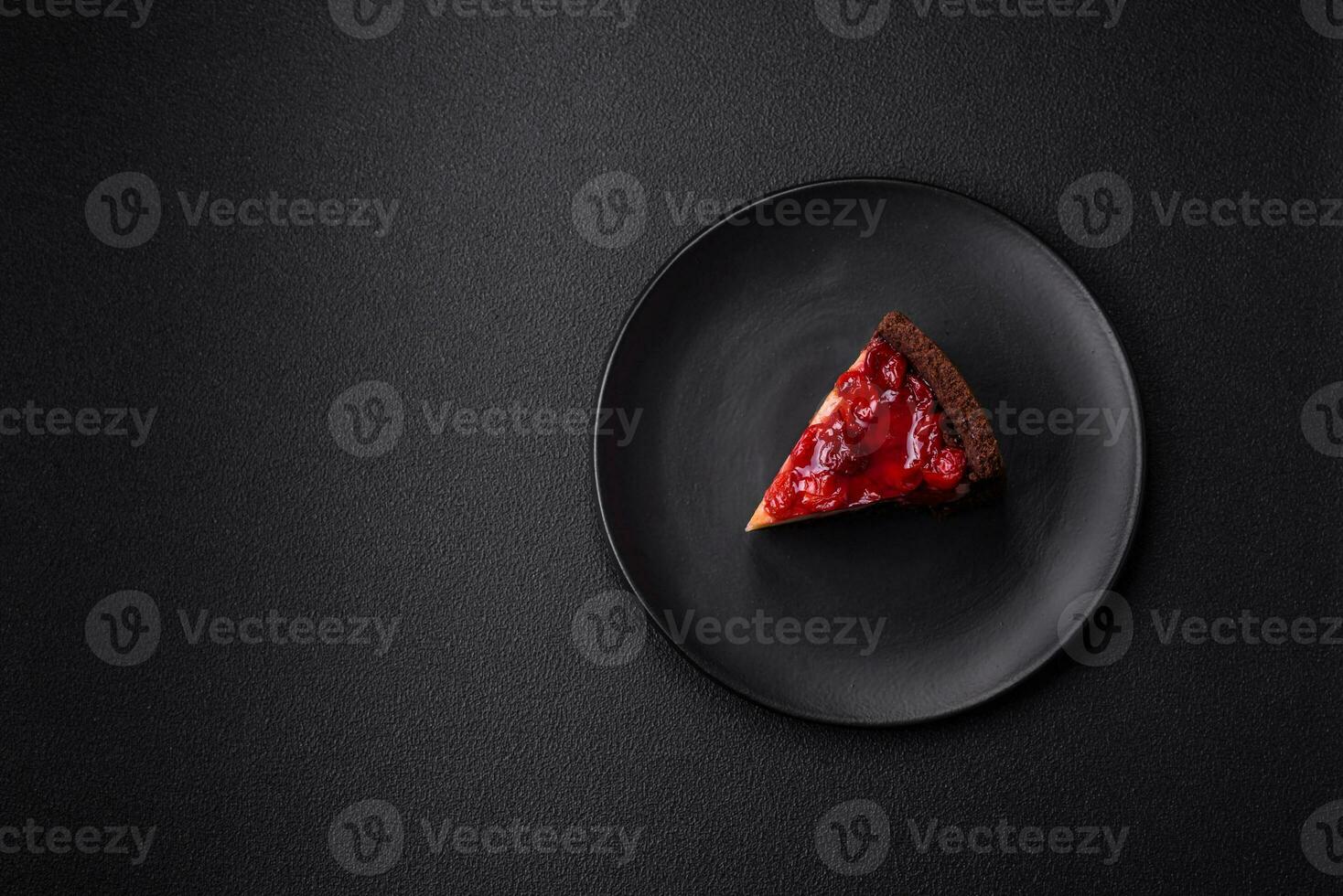 Delicious sweet cheesecake cake with mascarpone cheese, cherry berries and jam photo