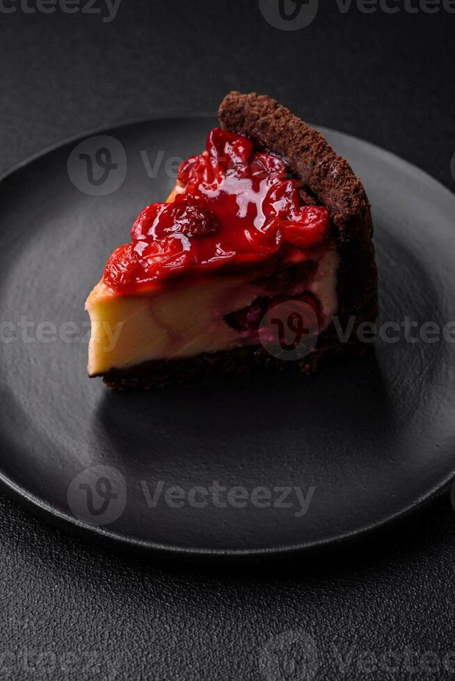 Delicious sweet cheesecake cake with mascarpone cheese, cherry berries and jam photo