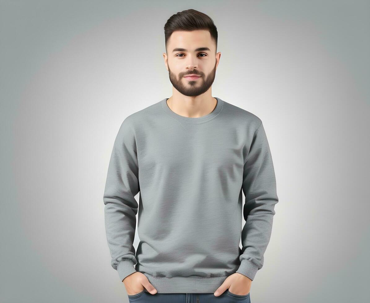 Young man wearing blank butter sweater mockup print presentation mockup ai generate photo